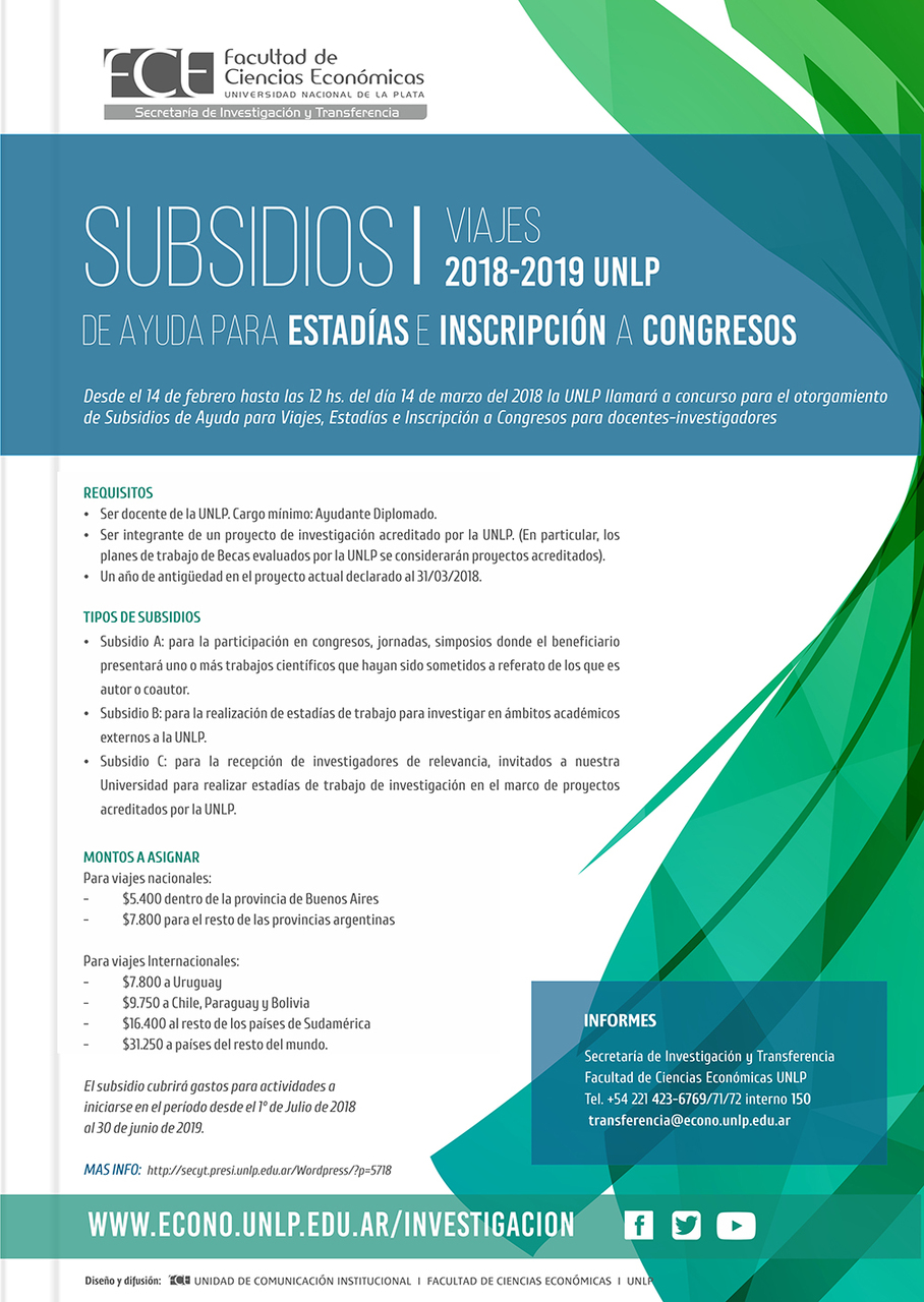 Subsidios de ayuda para viajes, estadías e inscripción a congresos 2018-2019 UNLP