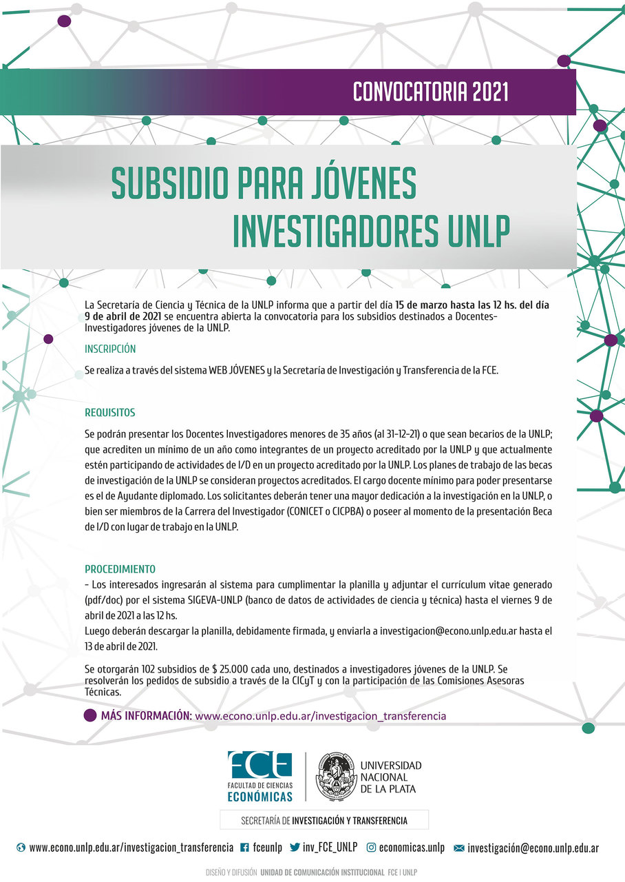 Convocatoria a subsidios para jóvenes investigadores 2021 - UNLP