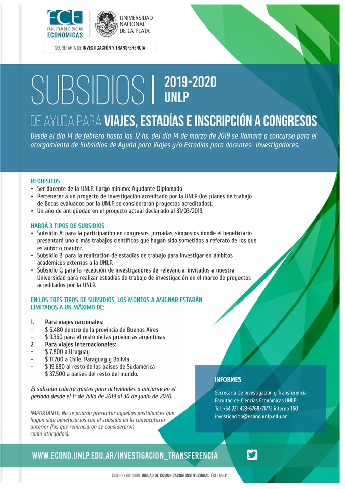 Subsidios de ayuda para viajes, estadías e inscripción a congresos 2019-2020 (UNLP)