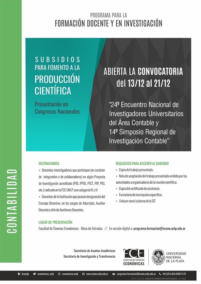 Subsidio de ayuda para presentación en Congresos Nacionales: 24° Encuentro y 14° Simposio de Investigación Contable