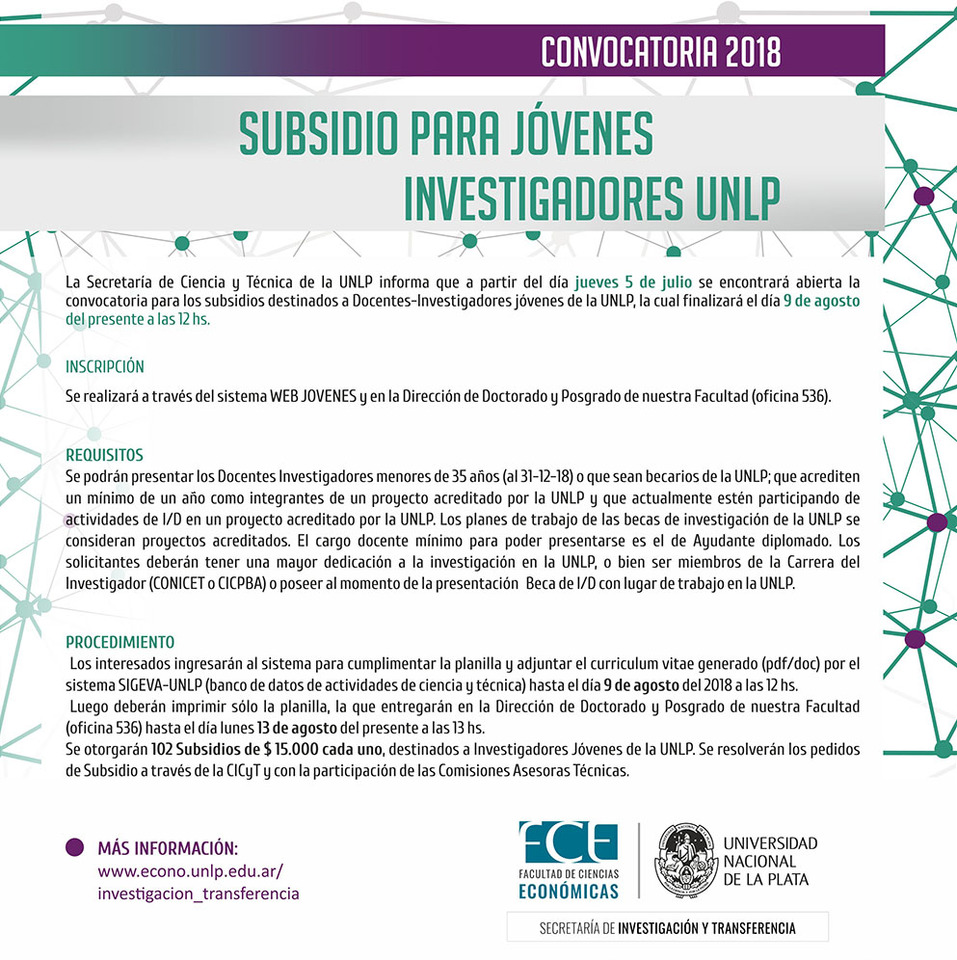 Convocatoria a Subsidios para Jóvenes Investigadores 2018 – UNLP